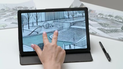 Woman architect designer works on digital graphic tablet touch screen with hand drawn illustration of city park. Creativity and modern technology.