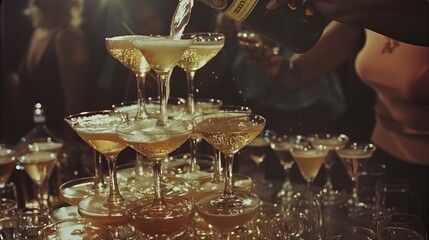 A woman at a party pours champagne into glasses stacked in a pyramid. The image is slightly blurry with film grain for effect.