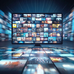 a highly immersive digital environment with an array of high-definition screens displaying a multitude of vibrant images and videos. This setup resembles a futuristic control room or a multimedia