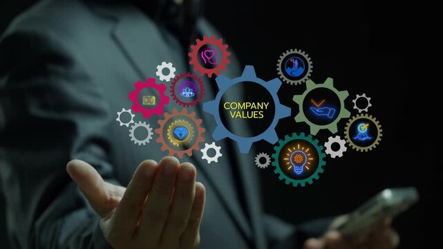 Company values, business concept. Businessman showing gears banner icons of honesty, boldness, collaboration, customer loyalty, learning, performance, innovative, trust, team on virtual screen.
