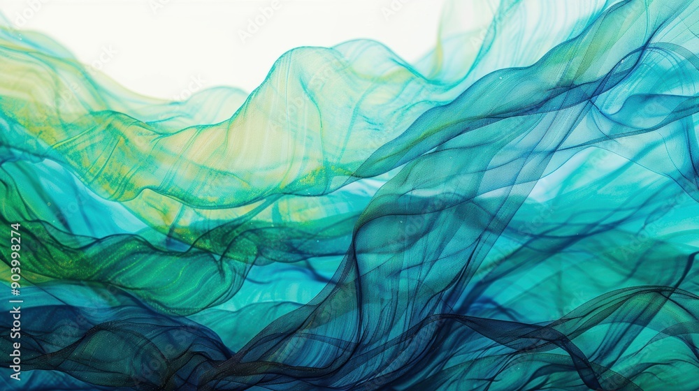 Poster a mesmerizing display of green and blue waves flowing gracefully in an abstract composition