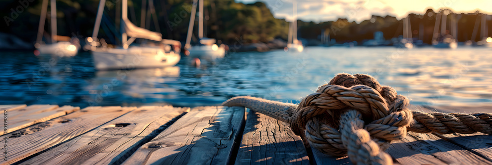 Poster a rope is tied to the edge of a dock with sailboats in the background