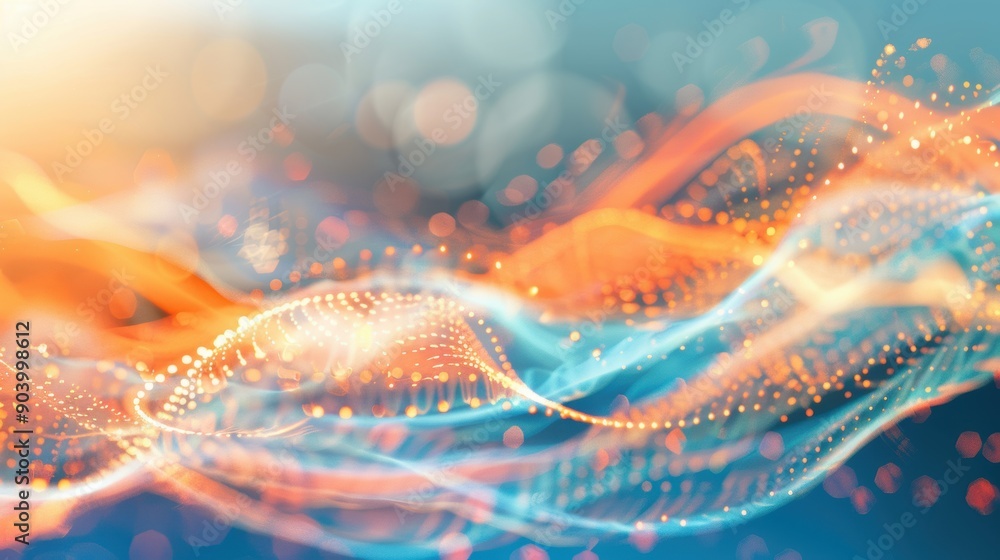 Poster bright orange and blue light waves swirl and flow, creating a mesmerizing abstract composition fille