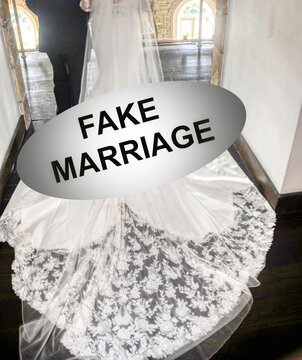the words fake marriage with wedding couple in the background