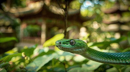Fototapeta premium Vivid Green Snake Amidst Lush Foliage in Natural Habitat