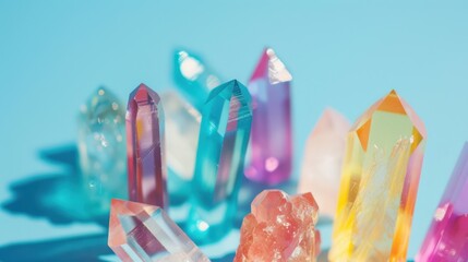 Colorful crystal shards glisten under bright light, showcasing their vivid hues against a serene blue backdrop