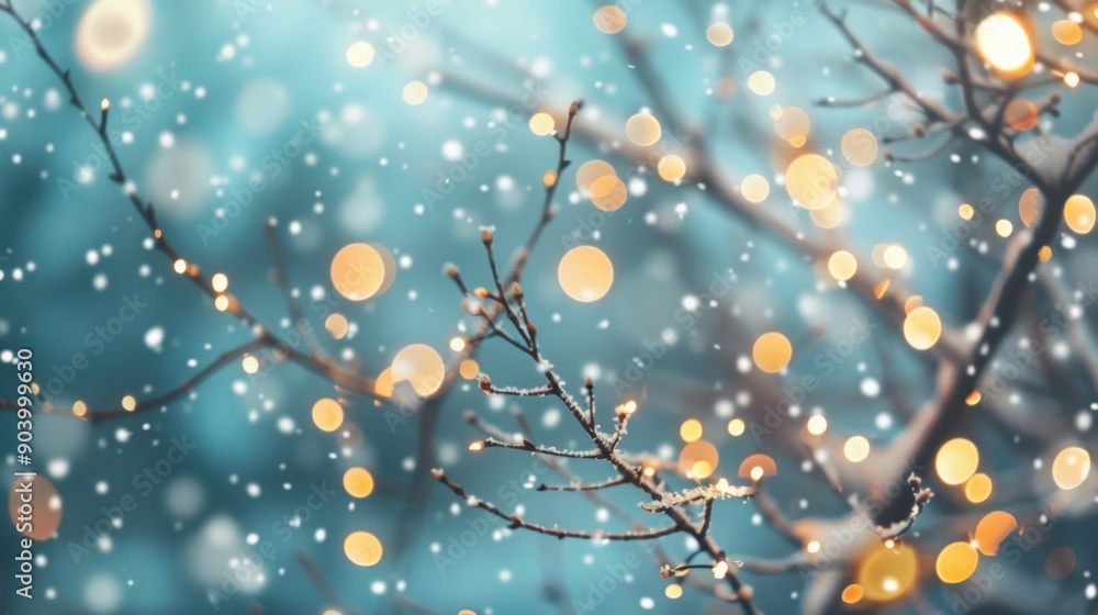 Poster glowing bokeh lights add magic to frosted branches as snow gently falls in a tranquil winter setting