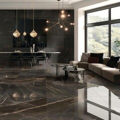 Modern living room with black marble tile flooring, large windows, and contemporary furniture.