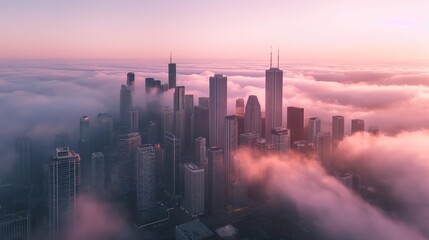 City Skyline Shrouded in Morning Fog at Sunrise