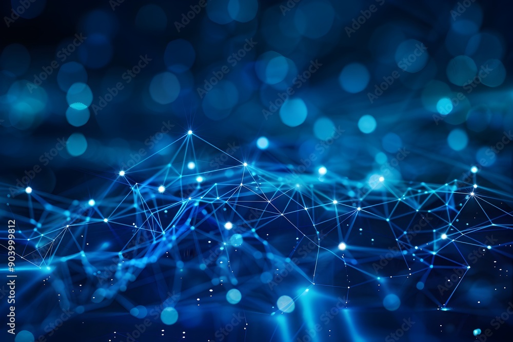 Poster abstract blue background with glowing dots and lines forming an array of interconnected connections 