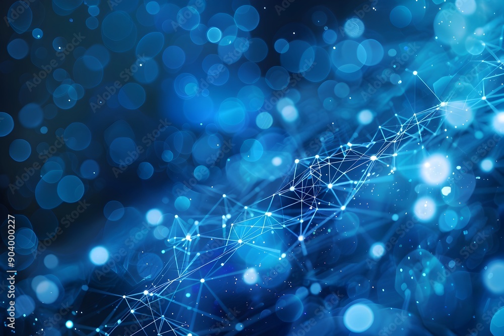 Poster abstract blue background with glowing dots and lines forming an array of interconnected connections 