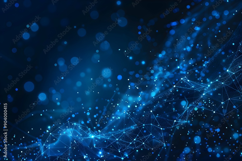 Poster abstract blue background with glowing dots and lines forming an array of interconnected connections 