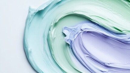 Anti-aging cream with shades of green, blue, and purple creates a swirling texture on a white background. It contains hyaluronic acid for moisturizing the skin.