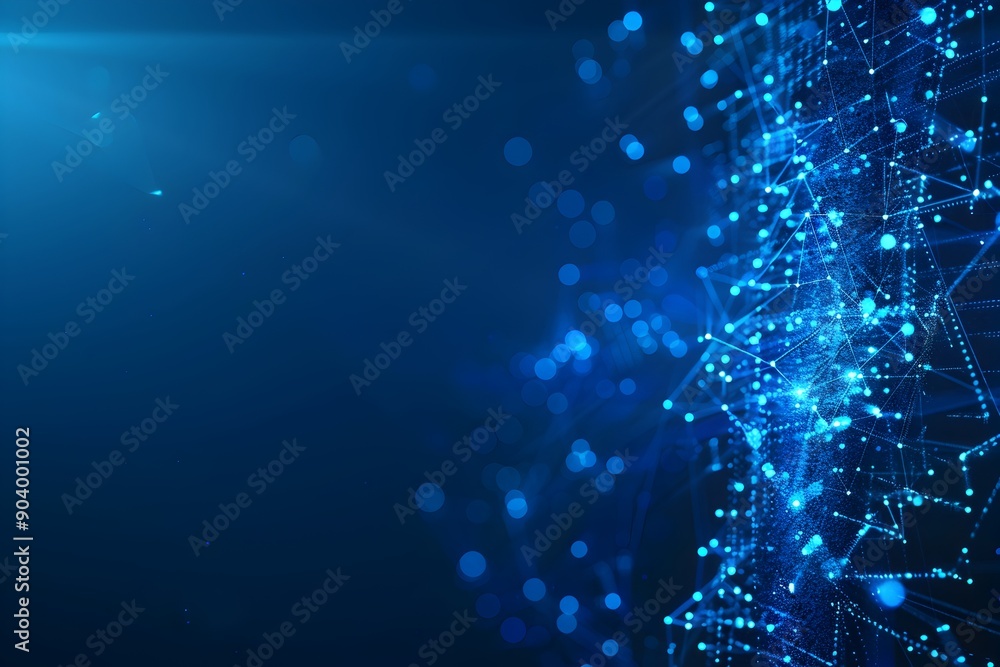 Poster Abstract blue background with glowing dots and lines forming an array of interconnected connections or networks. The design symbolizes the concept of global connectivity, data transfer technology, soc