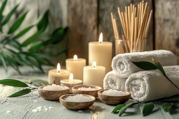 Spa Setting with Candles, Brown Towels, and Relaxation Accessories on Table, Wellness Concept with Copy Space for Text
