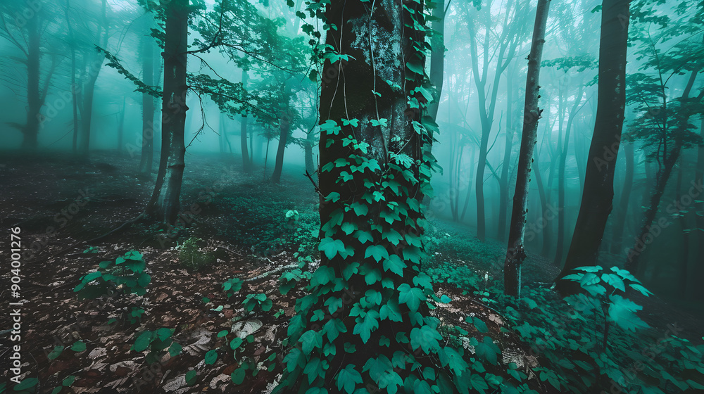 Poster a slender vine wraps around the trunk of a ancient tree in a misty forest.