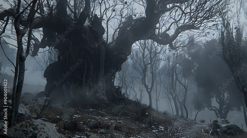 Poster a slender vine wraps around the trunk of a ancient tree in a misty forest.
