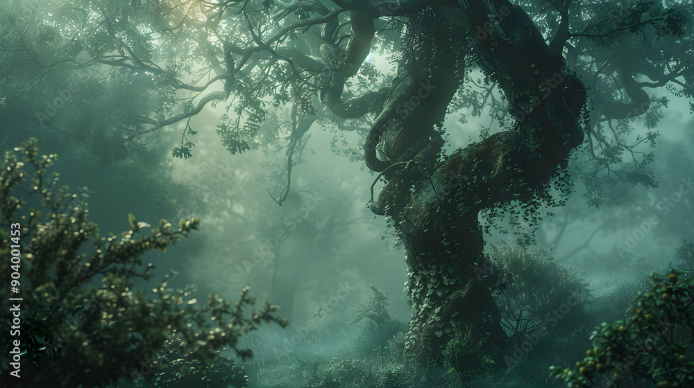 Poster a slender vine wraps around the trunk of a ancient tree in a misty forest.