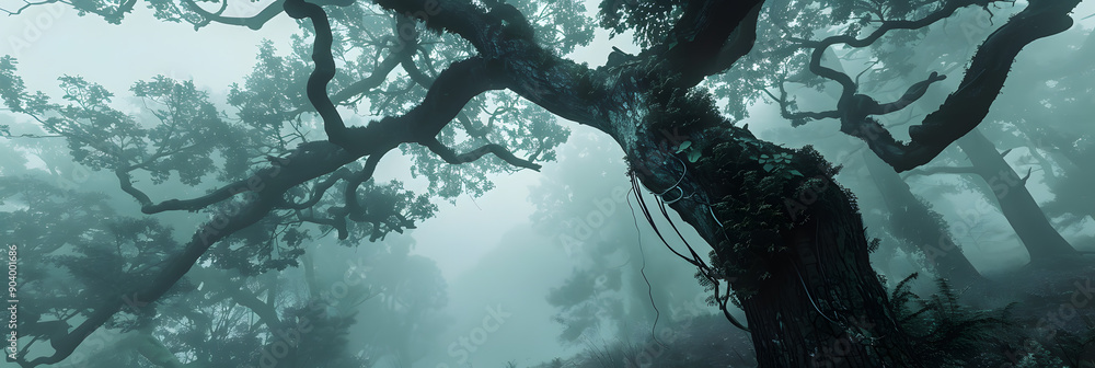 Poster a slender vine wraps around the trunk of a ancient tree in a misty forest.