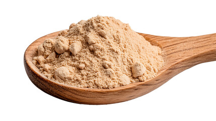 Wooden Spoon Filled with Maca Root Powder on White Background