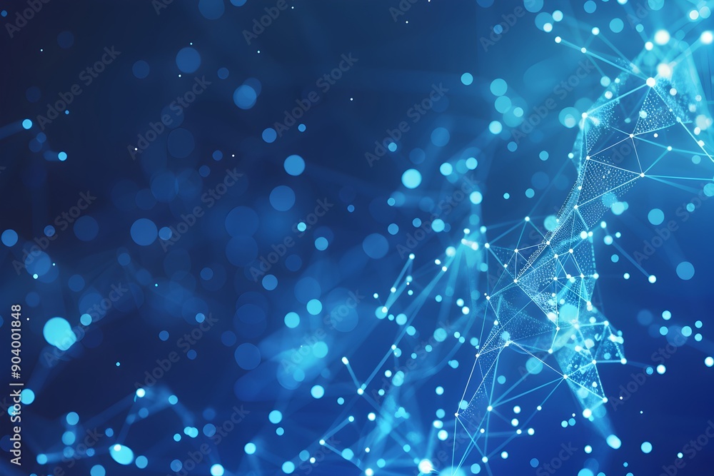 Poster abstract blue background with glowing dots and lines forming an array of interconnected connections 