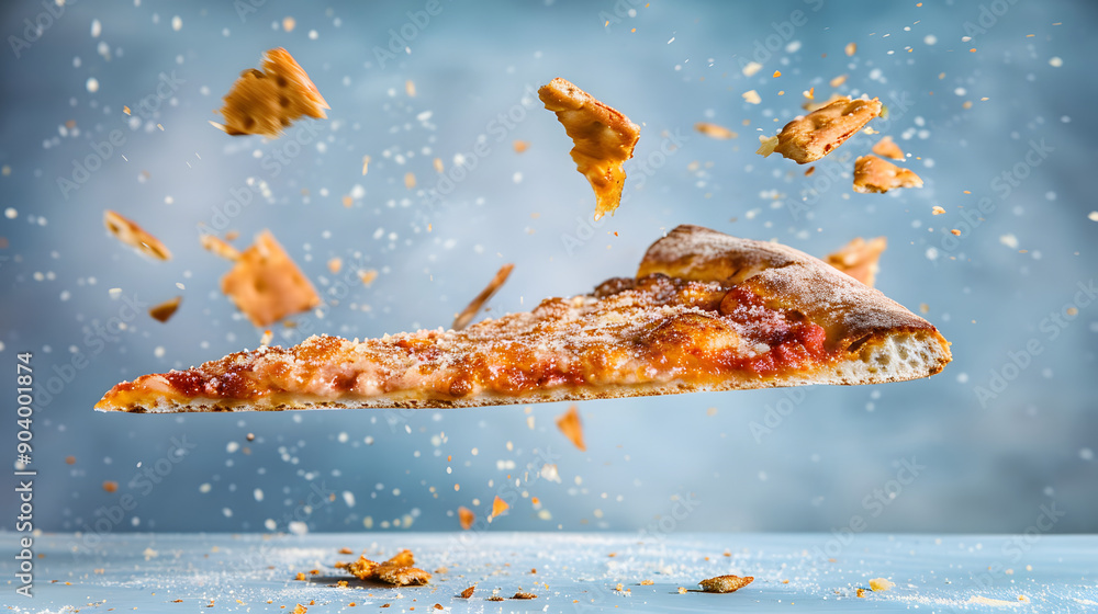 Poster a slice of pizza is suspended in the air. with cheese falling from it and small pieces floating arou