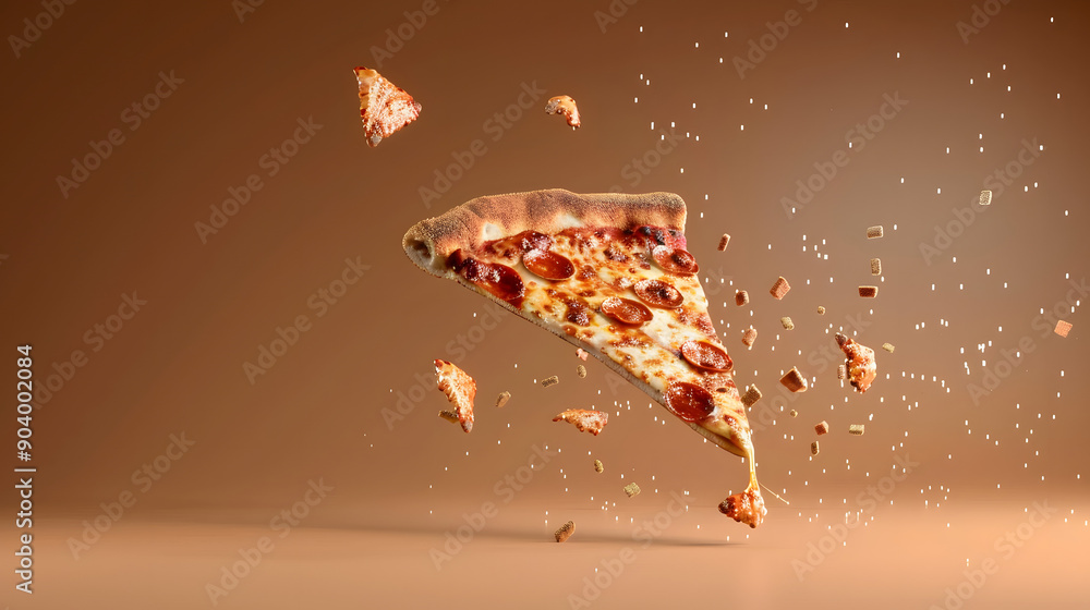 Poster a slice of pizza is suspended in the air. with cheese falling from it and small pieces floating arou