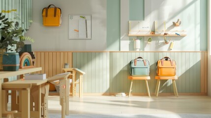 A classroom with two backpacks on a shelf and a potted plant
