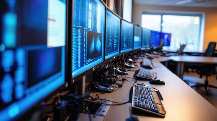 Fototapeta premium Technology Hubs: Advanced IT Support Desk with Multiple Screens and Technical Equipment. Showcasing Cutting-Edge Technology for Efficient Problem-Solving, Remote Assistance, and Real-Time Monitoring.