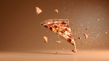 A slice of pizza is suspended in the air. with cheese falling from it and small pieces floating around on a background 