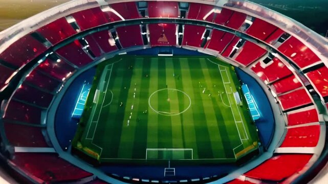 Aerial View of Empty Soccer Stadium with Red Seats and Green Field