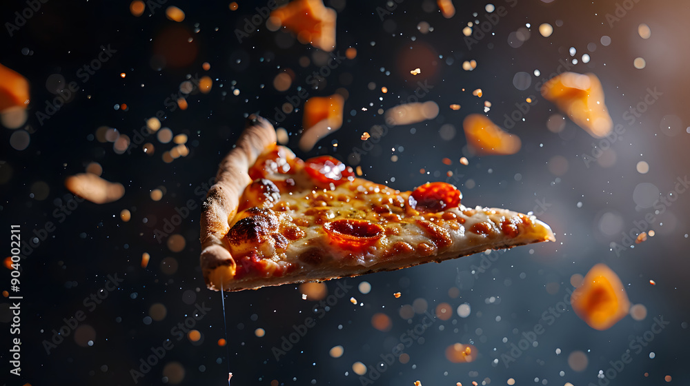 Poster a slice of pizza is suspended in the air. with cheese falling from it and small pieces floating arou