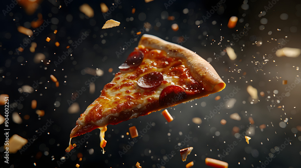 Poster a slice of pizza is suspended in the air. with cheese falling from it and small pieces floating arou