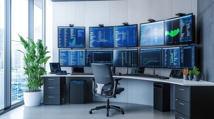 Technology Hubs: Advanced IT Support Desk with Multiple Screens and Technical Equipment. Showcasing Cutting-Edge Technology for Efficient Problem-Solving, Remote Assistance, and Real-Time Monitoring.