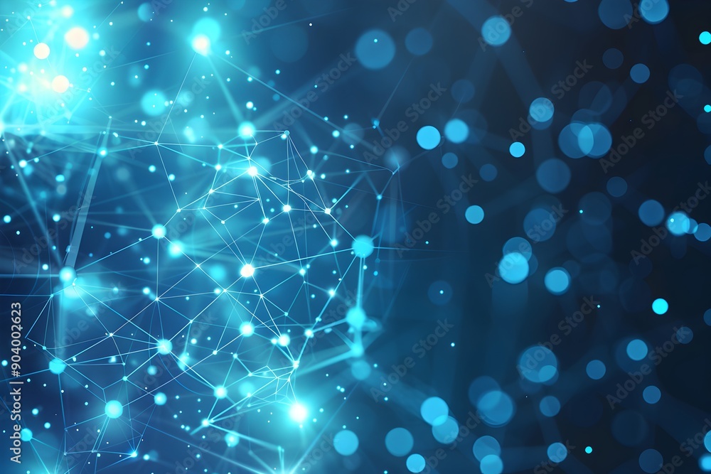 Poster abstract blue background with glowing dots and lines forming an array of interconnected connections 