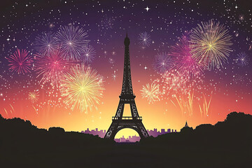 Celebratory colorful fireworks over the Eiffel Tower in Paris, France