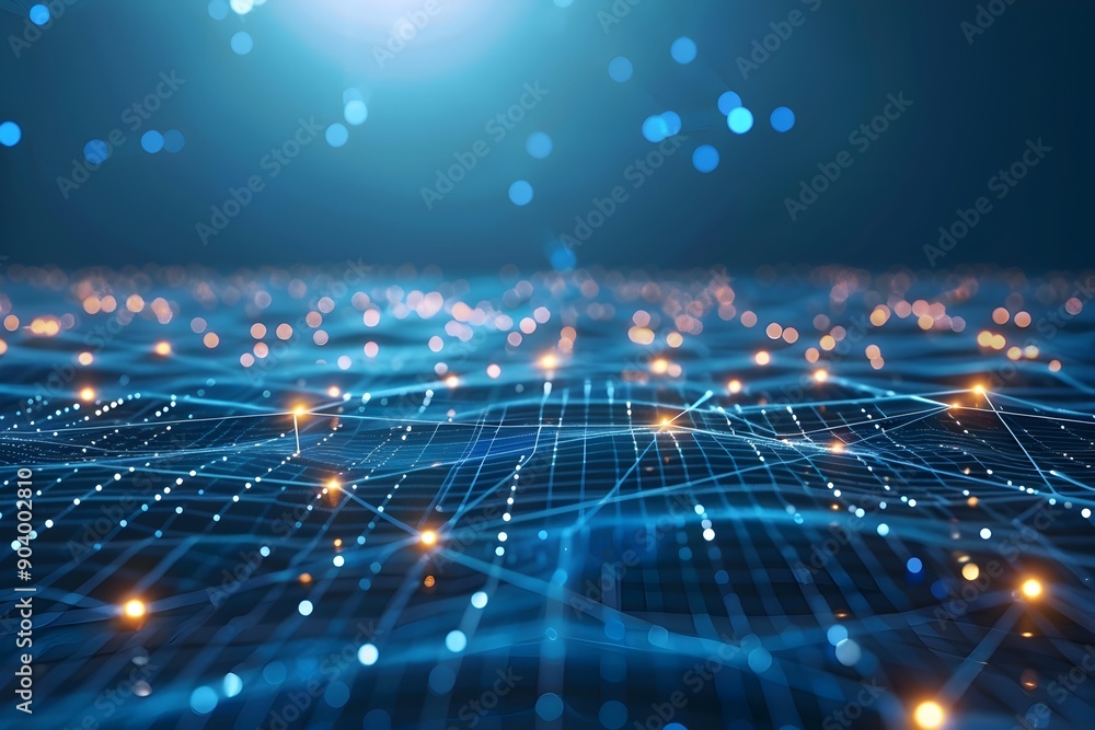 Poster abstract blue background with glowing dots and lines forming an array of interconnected connections 