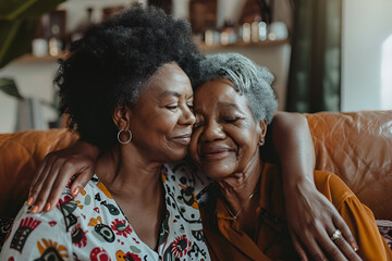 Obraz premium African daughter hugging her mum indoors at home - Main focus on senior mother face - Mom day and family love concept