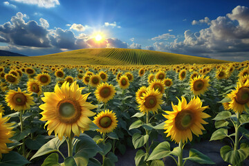 Fototapeta premium field of sunflowers, field, flower, sky, nature, agriculture, summer, yellow, sun, plant, blue, sunflowers, meadow, leaf, farm, bright, landscape