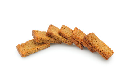 Rye croutons isolated on white background, homemade brown bread rusks, roasted salted snack     
