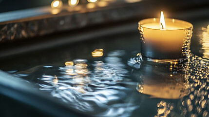 close-up of a baptismal font with a lit candle beside it, symbolizing the light of Christ