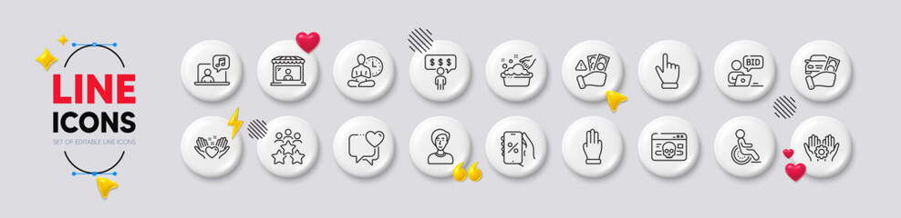 Heart, Businesswoman person and Cursor line icons. White buttons 3d icons. Pack of Music, Rent car, Market seller icon. Employee hand, Disability, Three fingers pictogram. Vector