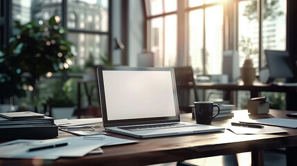  A laptop on an office desk, with a cityscape view through the window 