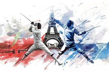 Obraz premium A dynamic illustration of two fencers fencing in front of the Eiffel Tower, with a red and blue color palette. A detailed ink sketch with splashes of paint in the style of Robby. white Background