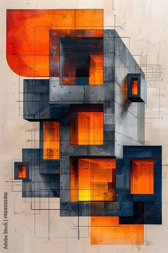 Poster abstract architectural background. 3d illustration. blaze orange and cool grey on light background m