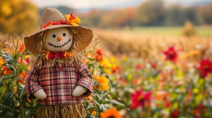 Charming scarecrow with a straw hat in a vibrant flower field, symbolizing autumn and harvest season. Perfect for seasonal, agricultural concepts.