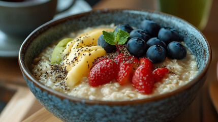 Traditional English Breakfast with Oatmeal Porridge and Green Tea