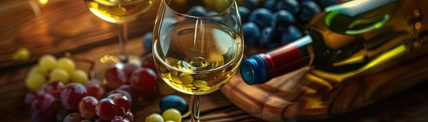 Close-up of two wine glasses with white wine, a wine bottle, and assorted grapes on a wooden table, showcasing a vineyard celebration.