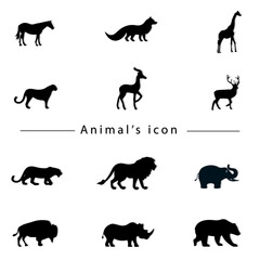 Wild animal vector icons set isolated on white background.