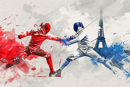 A dynamic illustration of two fencers fencing in front of the Eiffel Tower, with a red and blue color palette. A detailed ink sketch with splashes of paint in the style of Robby. white Background